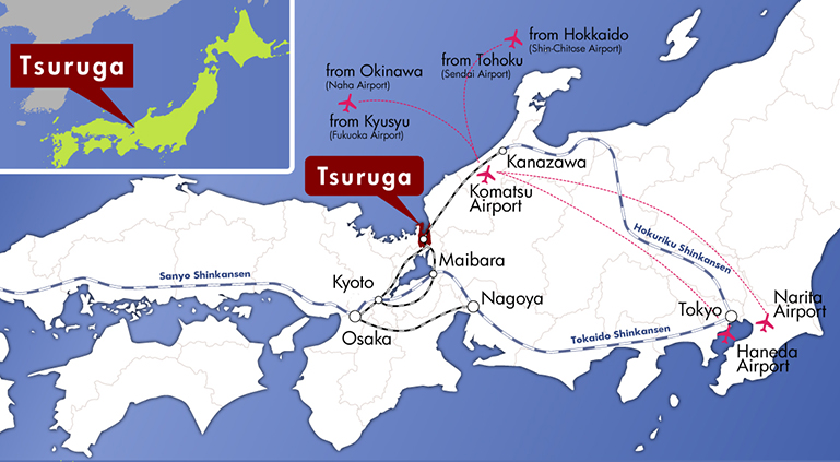 Tsuruga is situated at lat. 35°38’ 42.7” N. and long. 136°3’ 19.8” E. If coming by air, get to Komatsu Airport through Narita or Haneda Airport from Tokyo; New Chitose Airport from Hokkaido; Sendai Airport from Tohoku area; Fukuoka Airport from Kyushu area; and Naha Airport from Okinawa. From Komatsu Airport, take a shuttle bus or JR express train. If coming by train, take a shinkansen from Tokyo, Naoya or Osaka, then transfer to a express train at Maibara bound for Tsuruga. Direct express trains to Tsuruga run from Nagoya and Osaka.