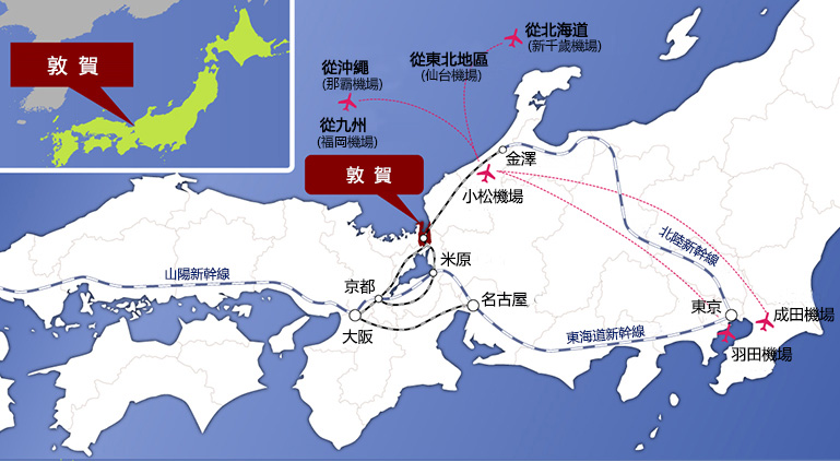 敦賀的位置位於北緯35度38分42.7秒、東經136度3分19.8秒。若搭乘飛機，可從東京成田機場、羽田機場，北海道新千歲機場，東北地區仙台機場，九州地區福岡機場，沖繩那霸機場搭至小松機場。從小松機場可搭乘利木津巴士、JR特急列車前往敦賀。若搭乘鐵路，可從東京、名古屋、大阪搭乘新幹線，於米原轉乘在來線特急列車前往敦賀。可搭乘名古屋、大阪在來線特急直通列車。